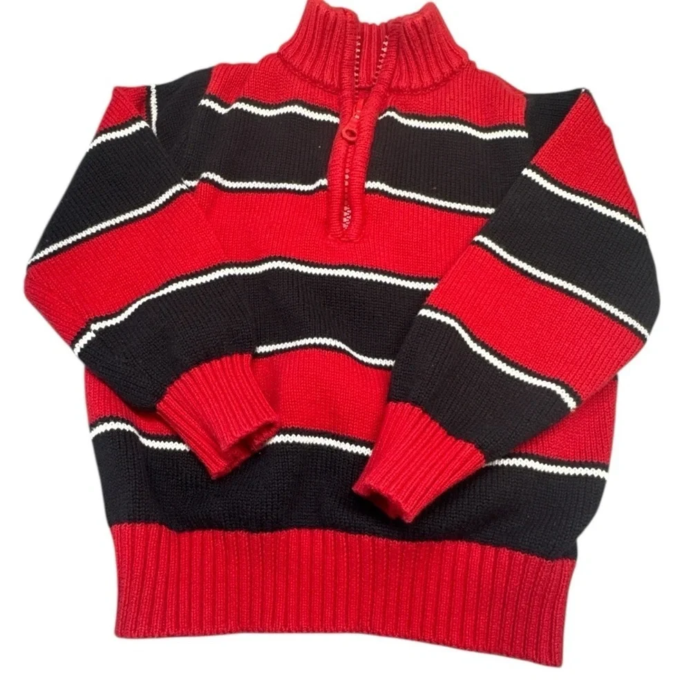 Toddler Boy Red & Black Striped Half-Zip Sweater (Size 2T)